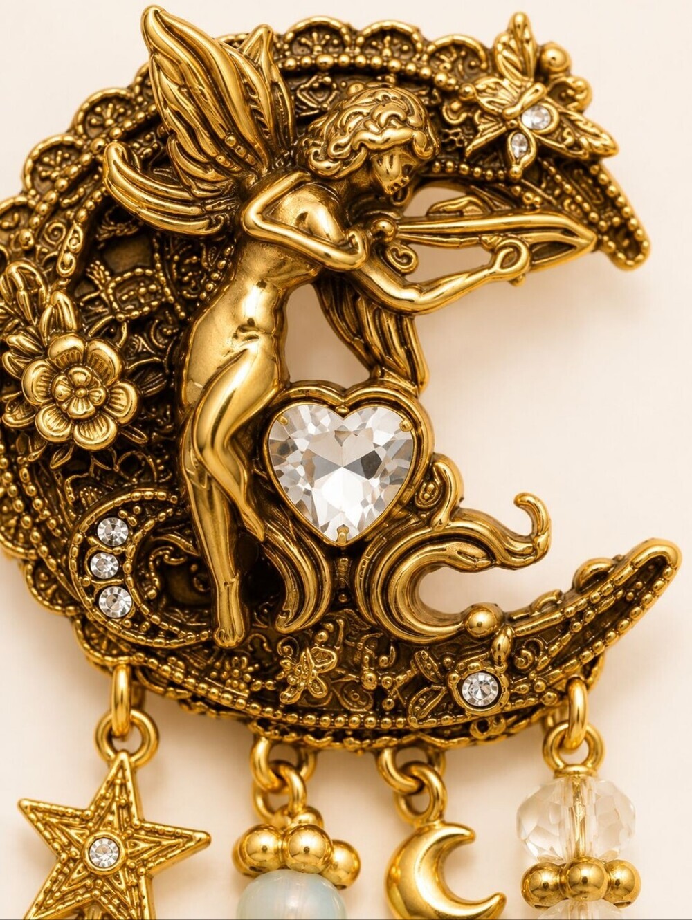 Gold Dragon Moon Dangle Earrings with Crystal Drops - Picture 3 of 8